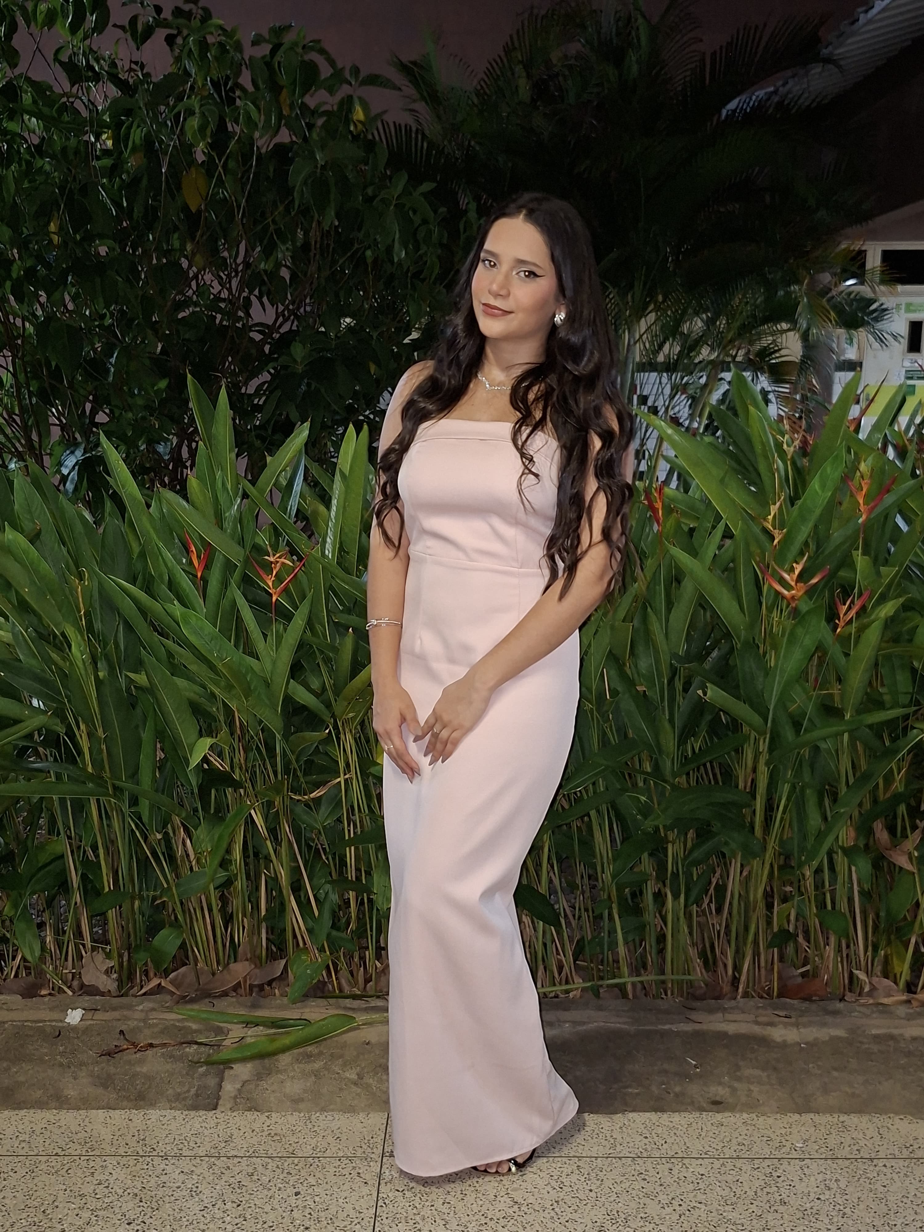 vestido longo cor de blush, jardim tropical